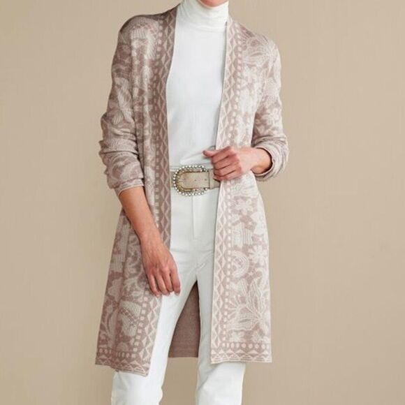 Soft Surroundings Ivy Shimmer Long Cardigan Large Metallic Floral Print Duster - Picture 2 of 11